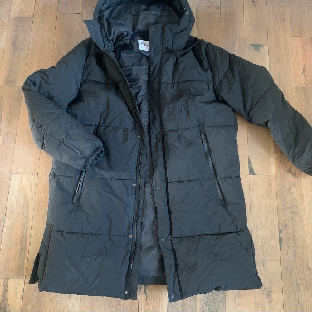 Zara Coat Puffer Size Large Hooded Black Zip Casual